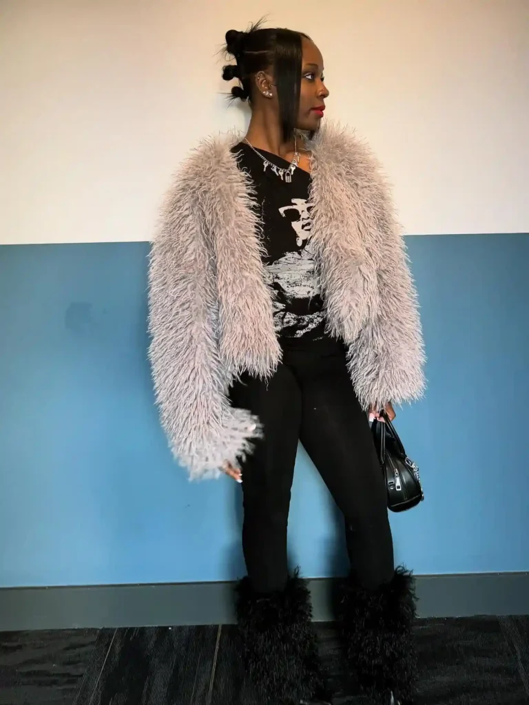 Shaggy Grey Fur Coat with Black Furry Boots Winter Outfit