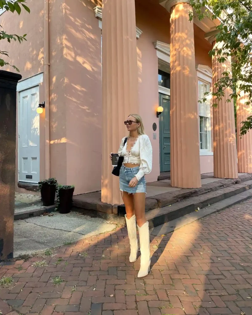 Cropped Blouse with Denim Skirt and White Cowboy Boots