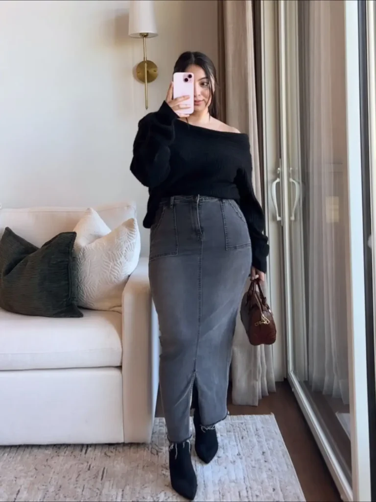 Off-Shoulder Sweater with Midi Skirt and Ankle Boots Thanksgiving Outfit