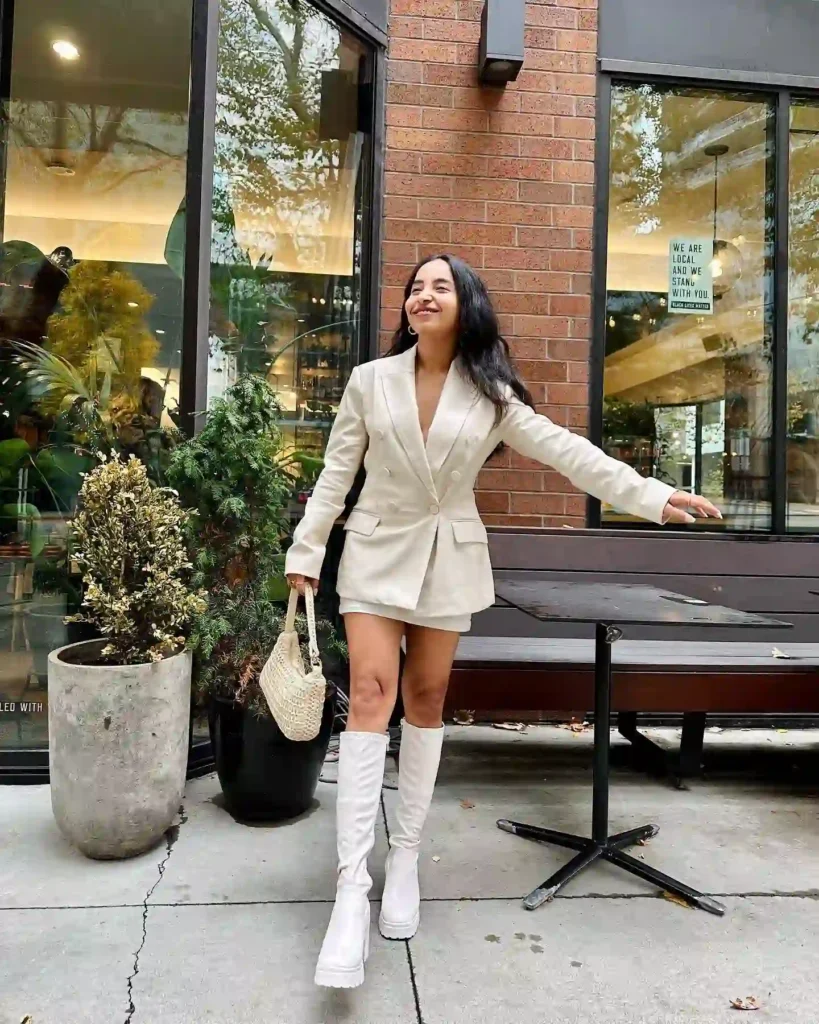 Cream Blazer Dress with White Chunky Knee High Boots