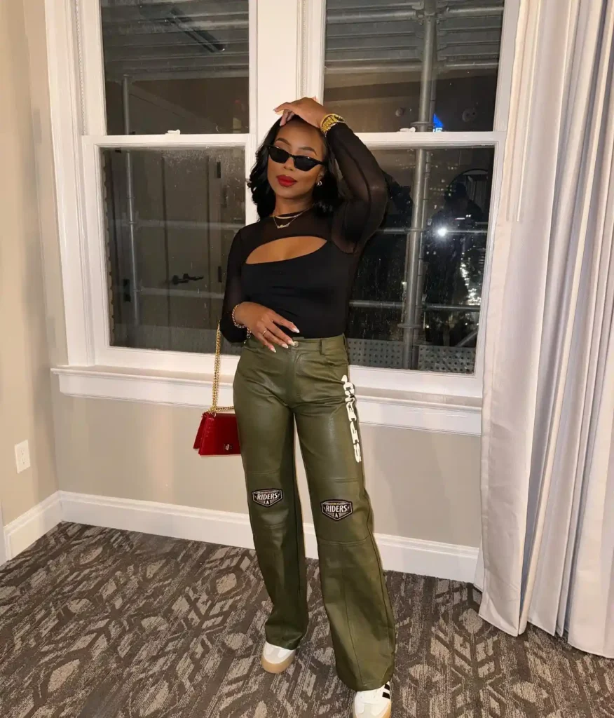 Cutout Mesh Top with Olive Moto Pants