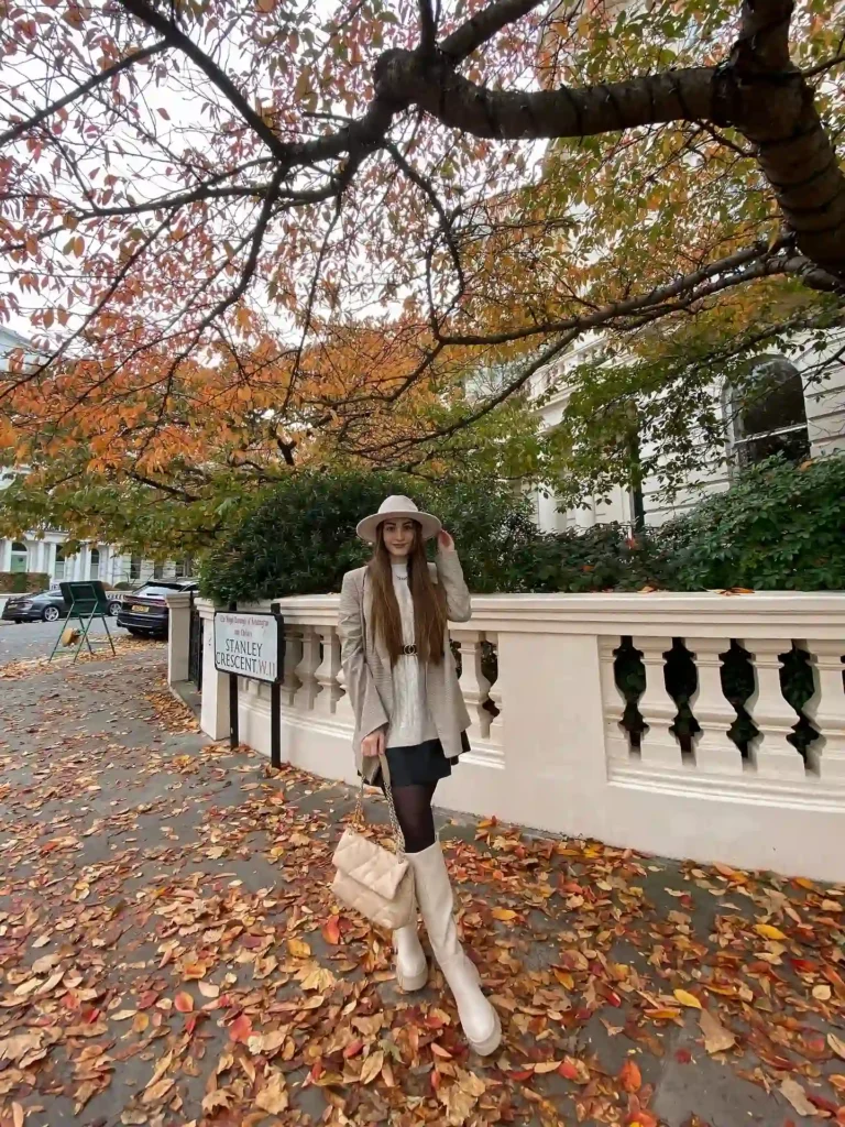 Plaid Blazer with Belted Sweater Dress and Cream Knee High Boots