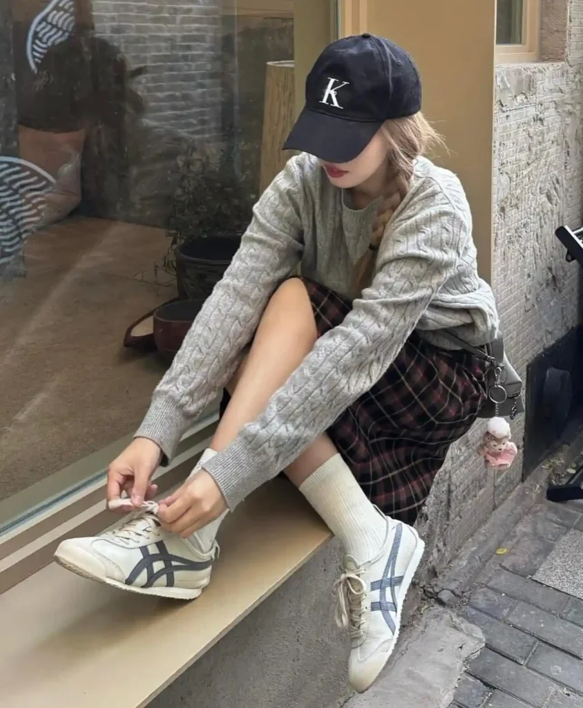 Grey Cable Knit Sweater with Plaid Skirt Outfit