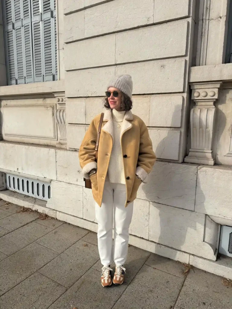 Tan Shearling Jacket with Cream Knit Outfit