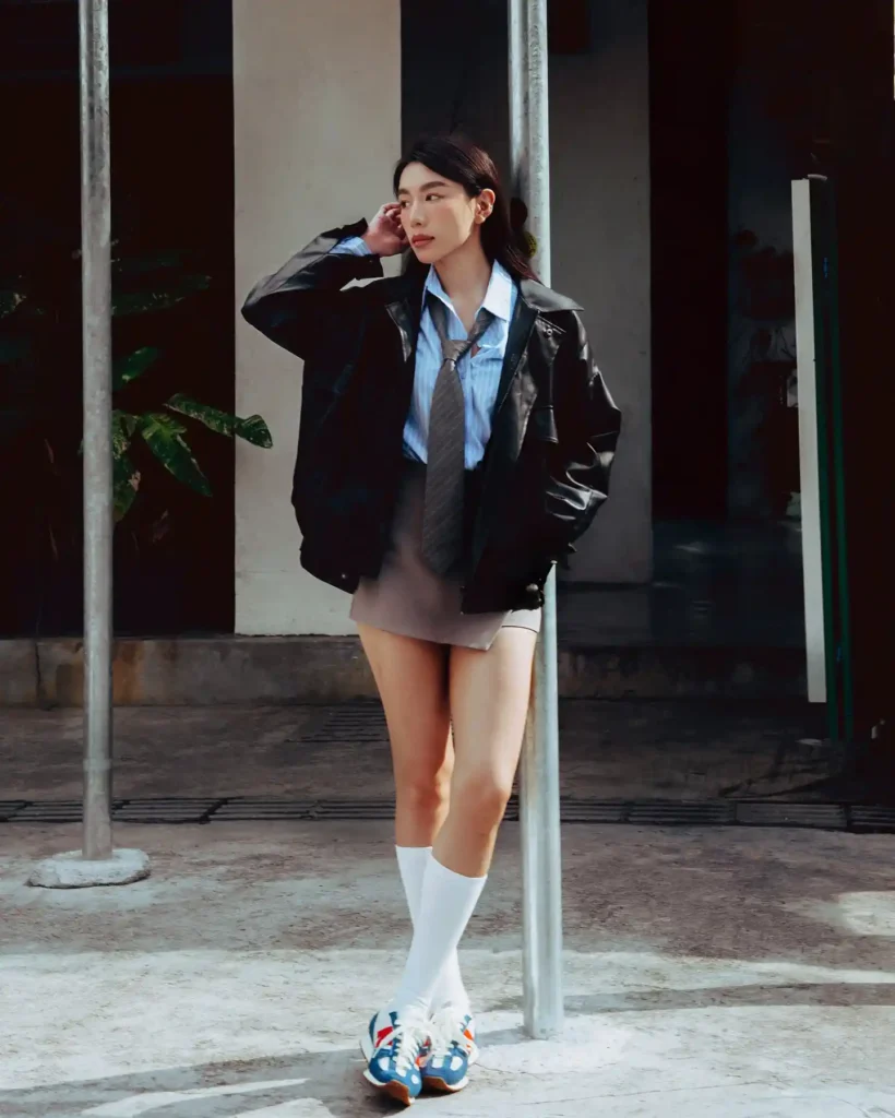 Leather Jacket with Shirt and Tie Preppy Outfit