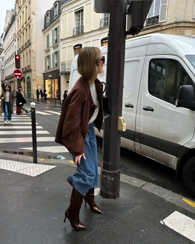 Brown Bomber with Knee High Boots and Wide-Leg Jeans Outfit