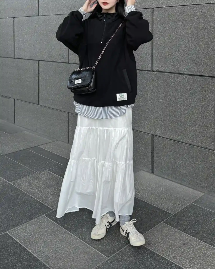 Black Half-Zip Fleece with White Tiered Skirt Outfit
