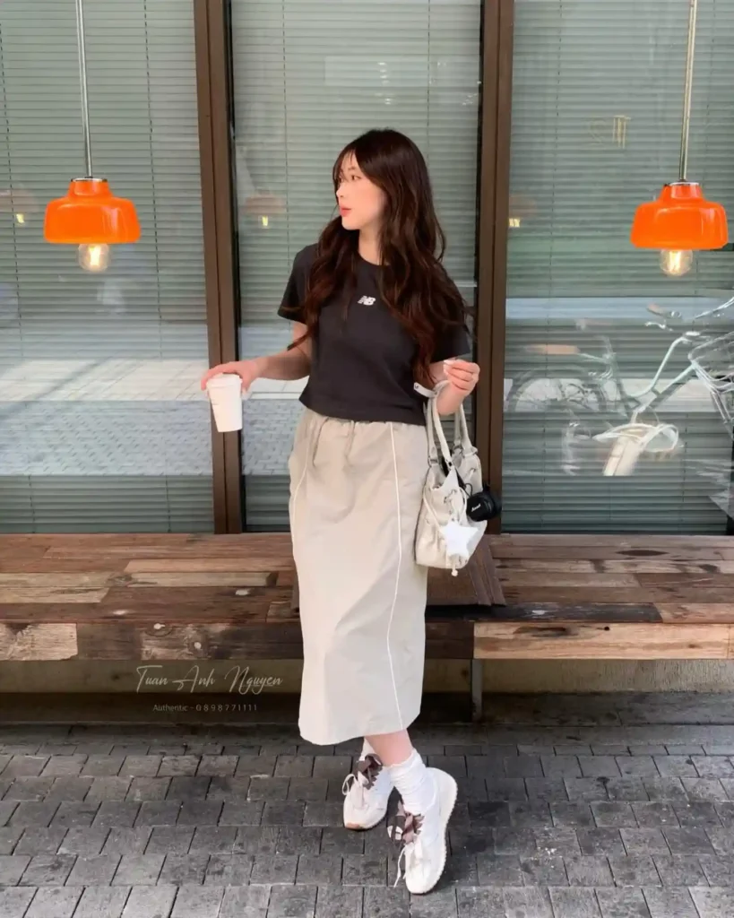 Black Logo Tee with Beige Cargo Skirt Outfit