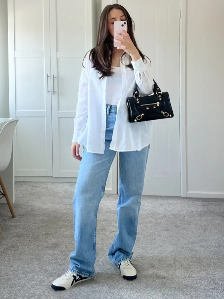 White Shirt with Straight-Leg Jeans Outfit