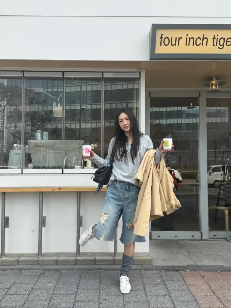 Grey Knit with Ripped Denim Culottes Outfit