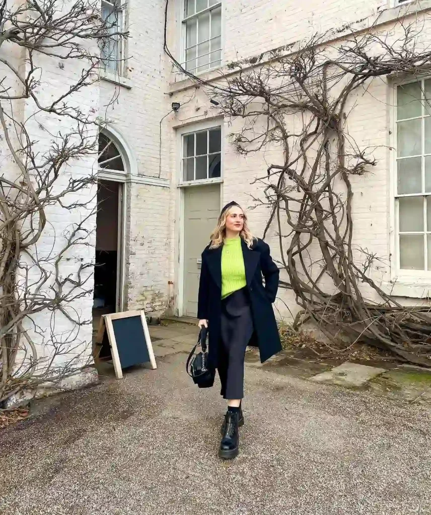 Black Satin Skirt with Lime Green Sweater Outfit