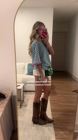 Off-Shoulder Striped Top and White Shorts with Brown Cowboy Boots