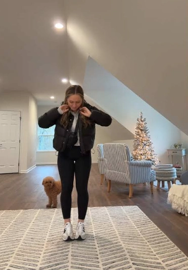 Puffer Jacket and Leggings with New Balance 327