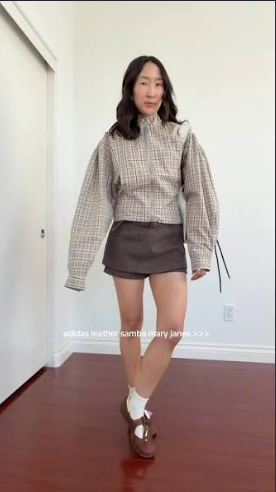 Plaid Top with Mini Skirt and Brown Adidas Samba Jane