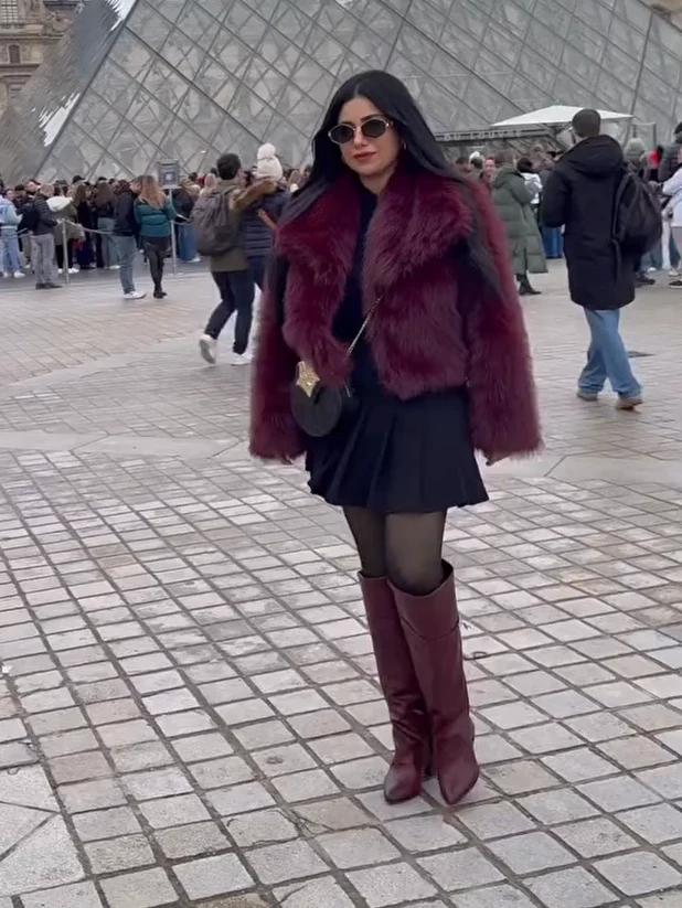 Burgundy Fur Jacket with a Pleated Mini Skirt and Oxblood Boots
