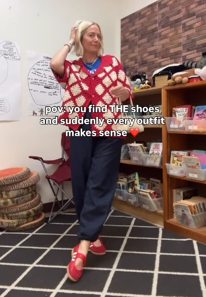 Cardigan with Navy Trousers and Red Adidas Sambas