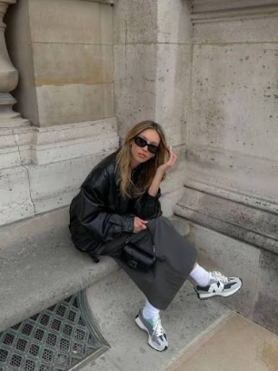 Leather Jacket and Grey Trousers with New Balance 327