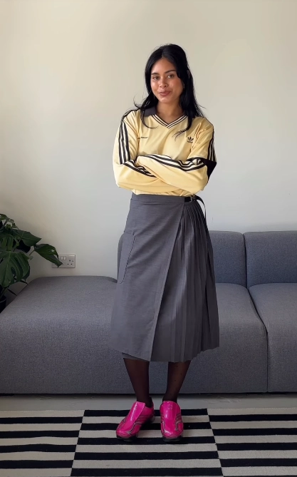 Yellow Adidas Jersey with Grey Pleated Wrap Skirt