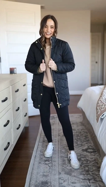 Longline Puffer Coat and Leggings with White Sneakers