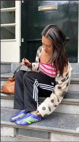 Polka Dot Cardigan with Adidas Track Pants