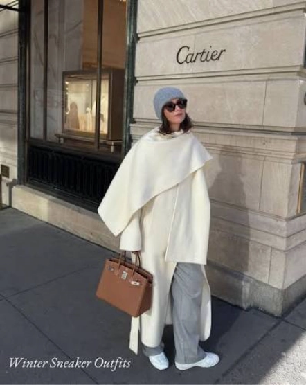 Cream Cape Coat and Wide-Leg Trousers with White Sneakers