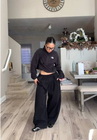 All-Black North Face Crop Jacket with Baggy Wide-Leg Pants