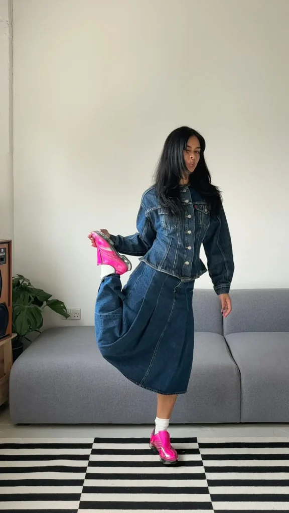 Denim-on-Denim with Hot Pink Sneakers