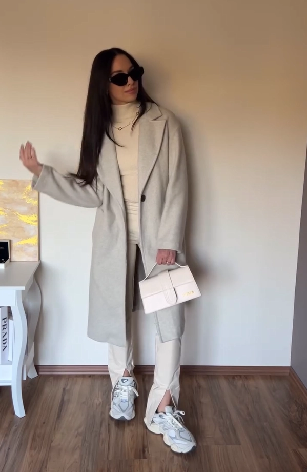 Grey Coat and Cream Turtleneck with New Balance 9060