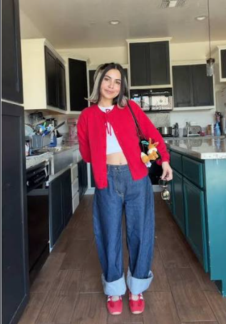 Red Zip-Up with Cropped Top and Cuffed Baggy Jeans
