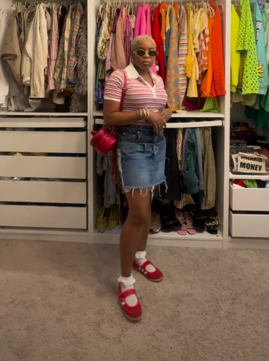 Striped Polo with Denim Mini Skirt and Red Adidas Sambas