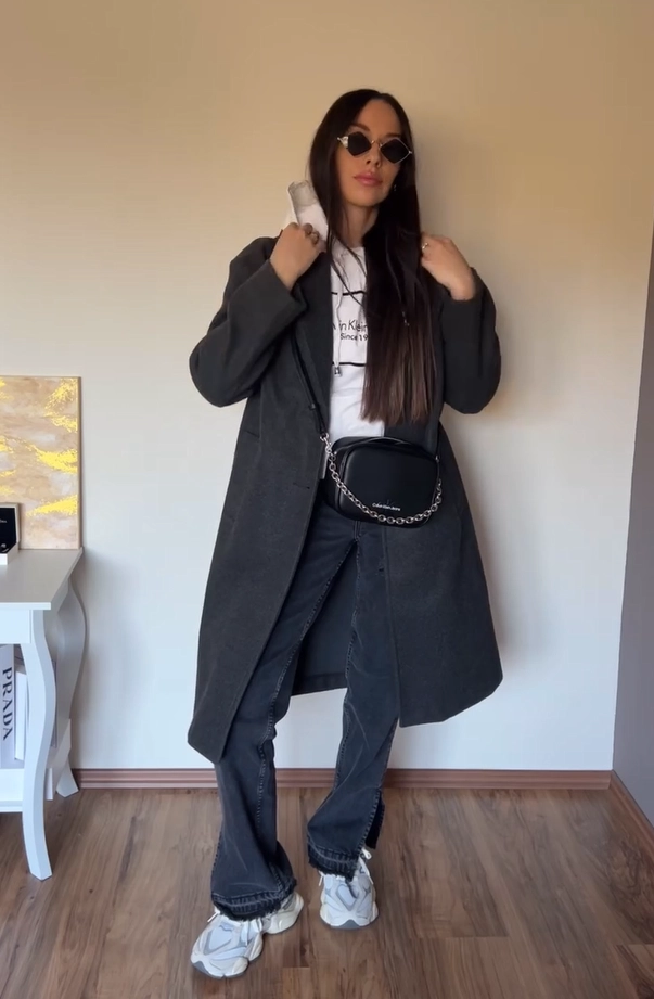 Long Grey Coat and Dark Jeans with New Balance 9060