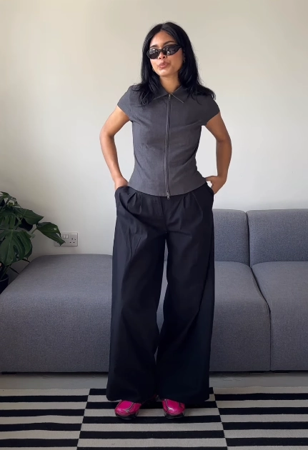 Grey Zip Top with Extra-Wide Black Trousers