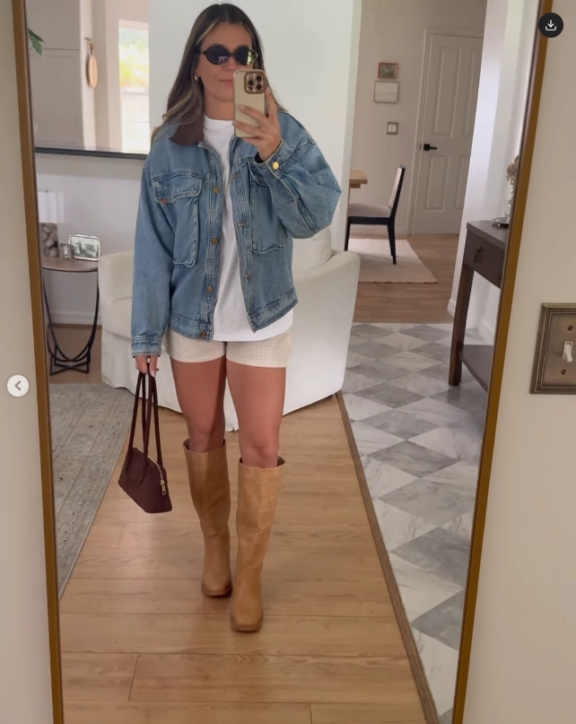 Denim Jacket and Tweed Shorts with Banana Frye Boots