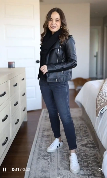 Leather Jacket and Dark Jeans with White Sneakers