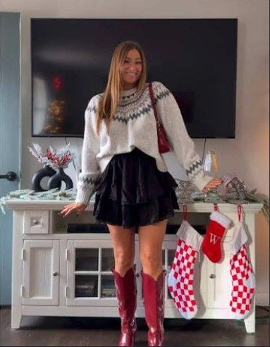 Fair Isle Sweater and Ruffle Skirt with Red Cowboy Boots