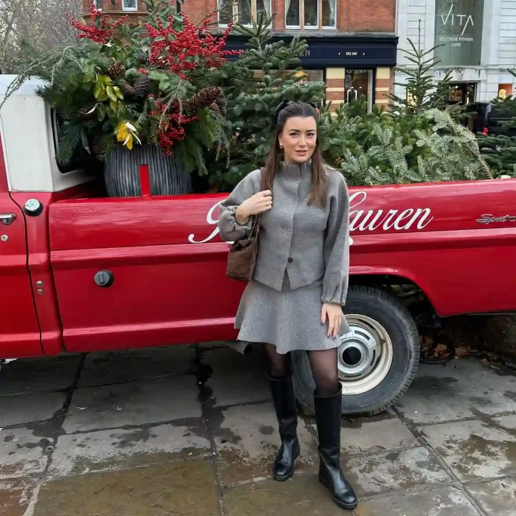 Grey Knit Skirt Set with Tall Riding Boots