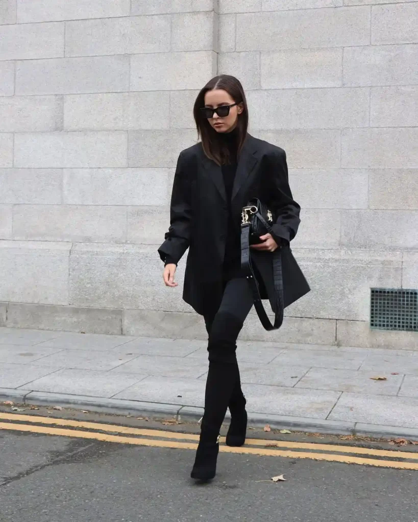 All-Black Oversized Blazer with Knee High Boots