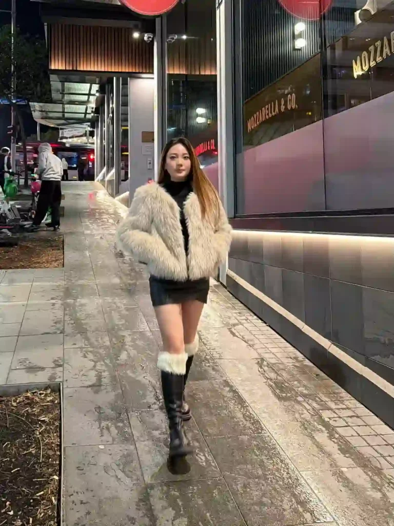 Faux Fur Jacket and Leather Mini Skirt with Knee High Boots