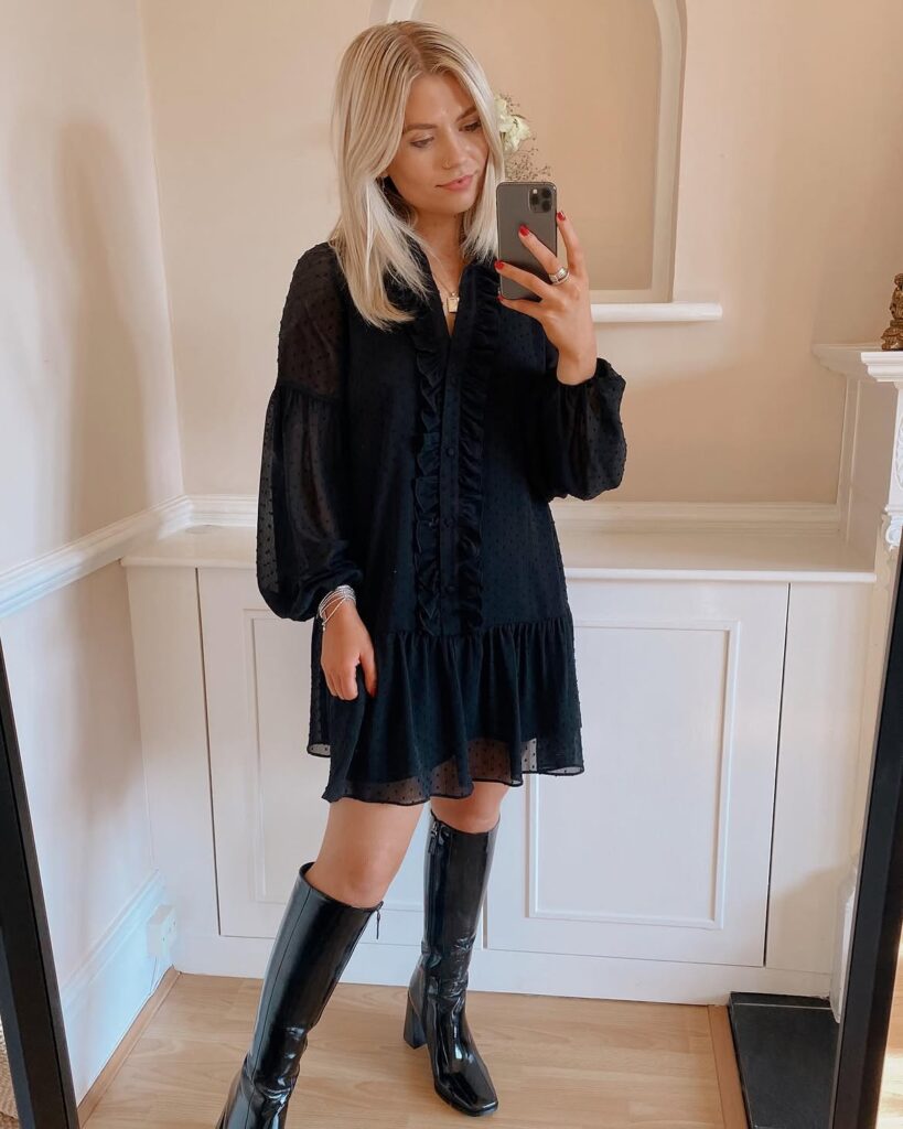 All-Black Ruffle Dress with Patent Knee High Boots
