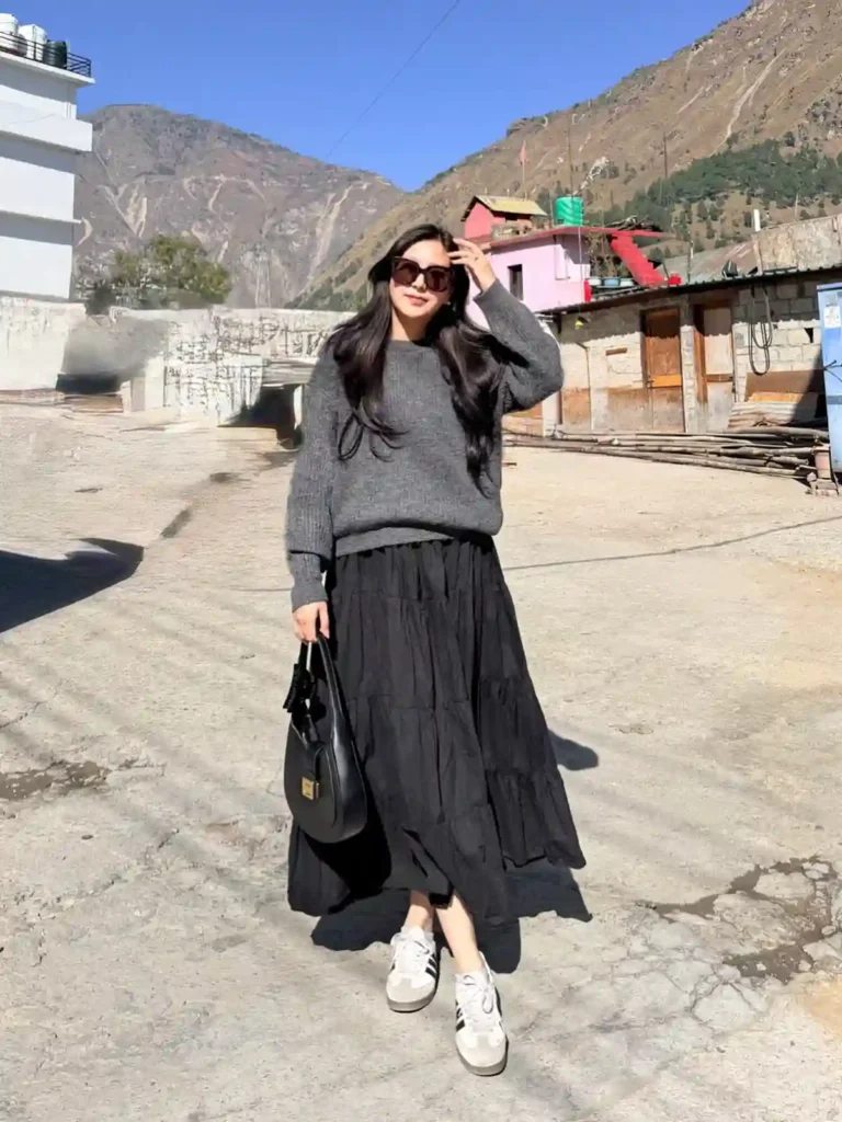 Grey Sweater and Tiered Maxi Skirt with Sambas