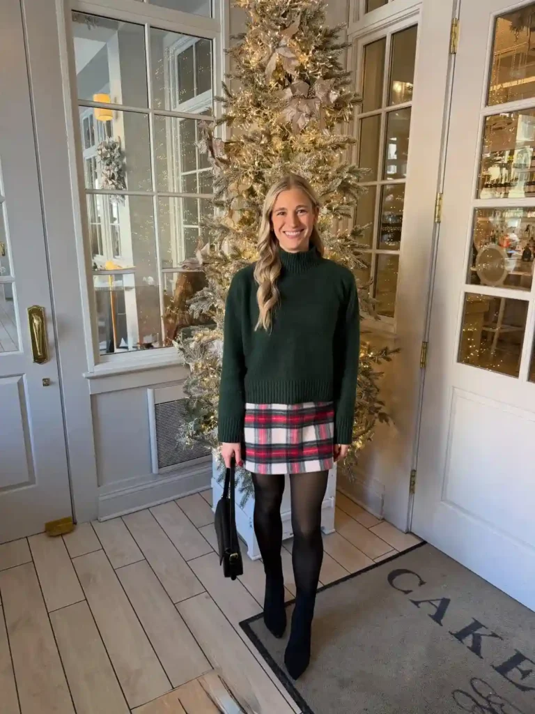 Green Sweater with Plaid Skort and Black Boots