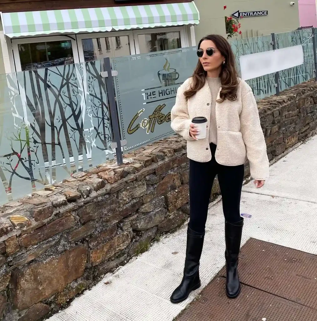 Cream Teddy Jacket and Black Jeans with Riding Boots