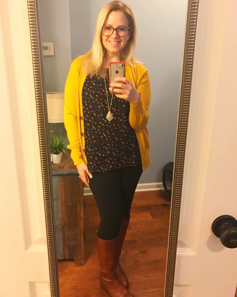Mustard Cardigan and Riding Boots for Easy Teacher Style