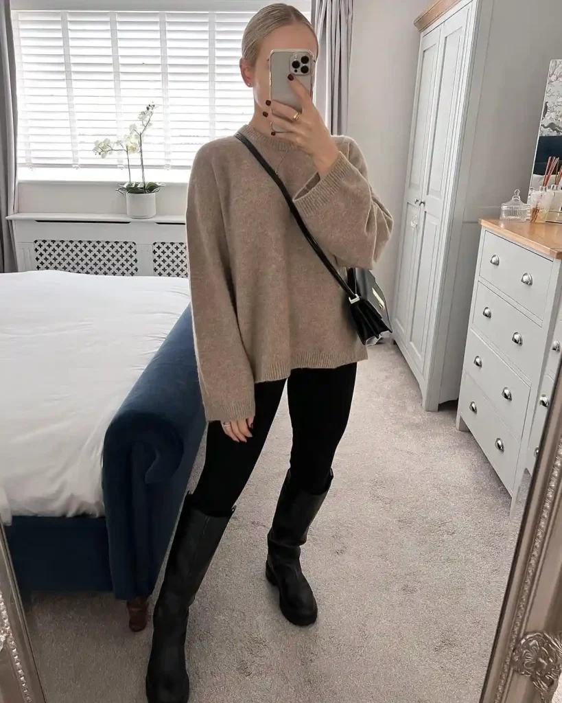 Oatmeal Chunky Knit with Black Leggings and Knee High Boots