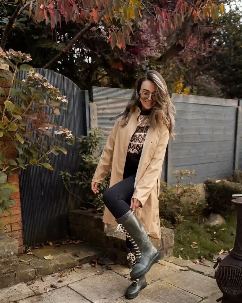 Beige Raincoat and Lace-Up Wellies for Wet Winter Weather