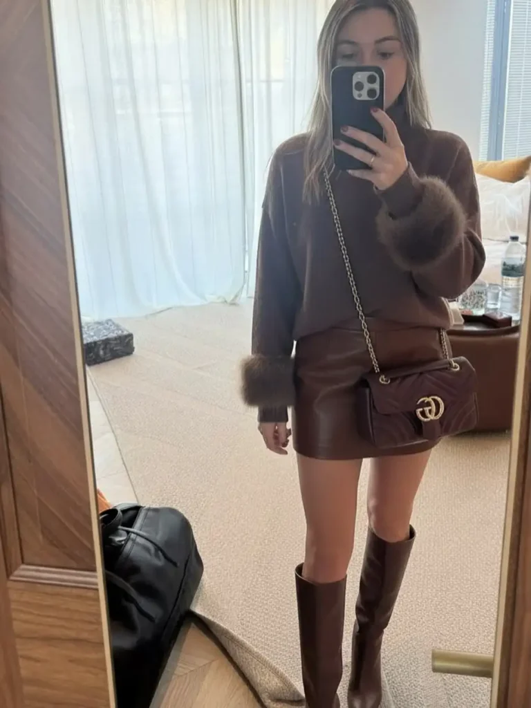 Fur-Cuff Sweater and Leather Mini Skirt with Knee High Boots