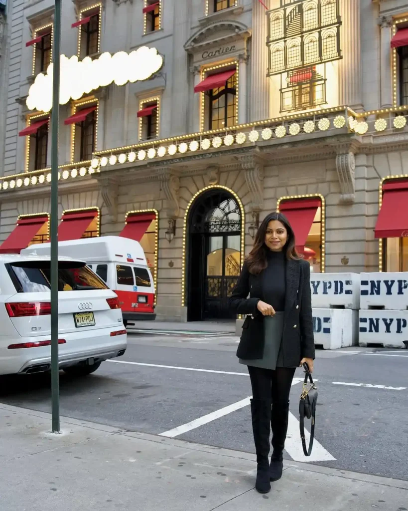 Tweed Blazer with Leather Skort and Suede Knee High Boots