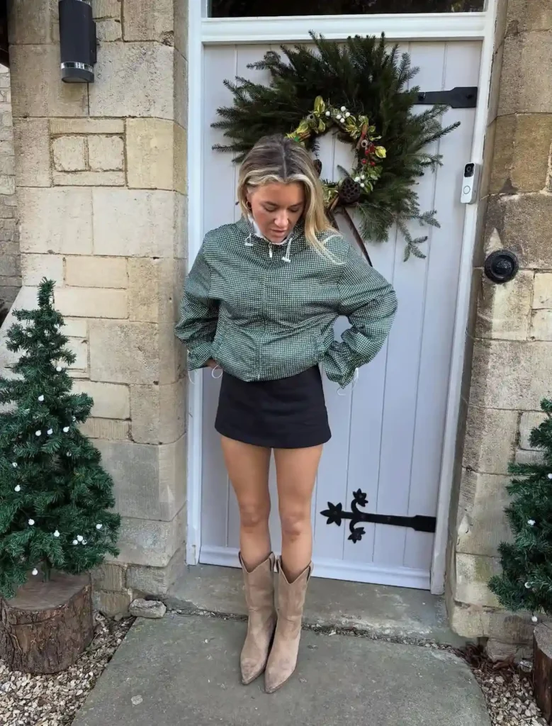 Quarter-Zip Pullover and Mini Skirt with Suede Cowboy Boots