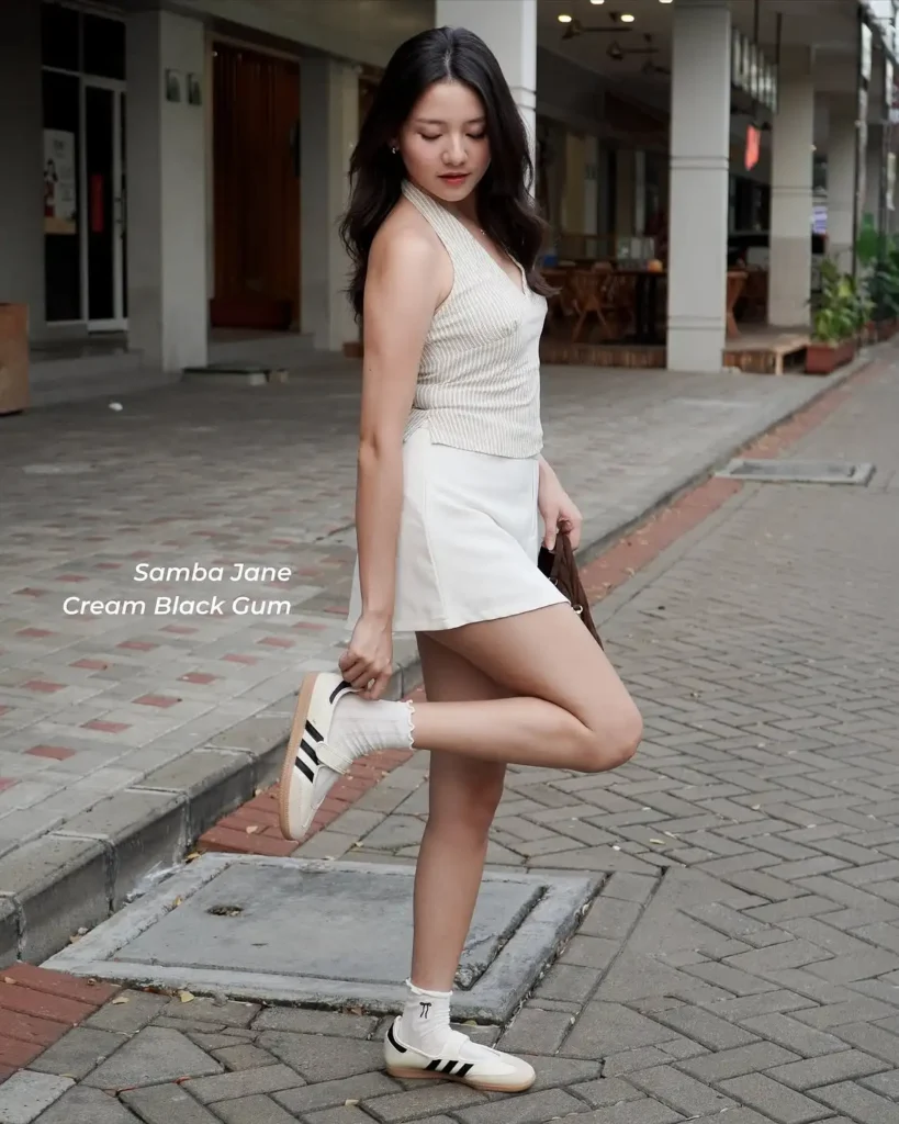 Striped Halter Top with White Mini Skirt and Adidas Samba Jane