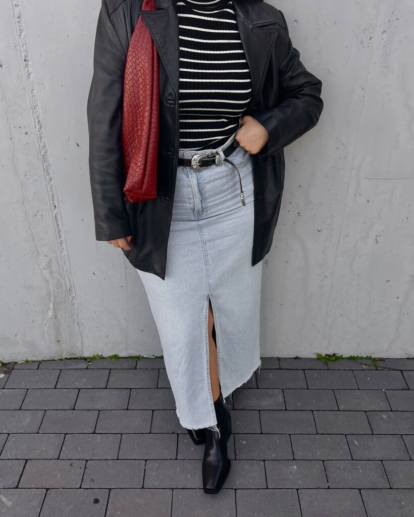 Striped Top and Denim Maxi Skirt with Black Cowboy Boots